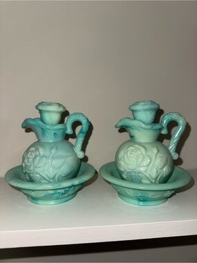 Vintage 1970s Avon Aqua Green Glass Skin So Soft Pitcher & Bowl Set Pair